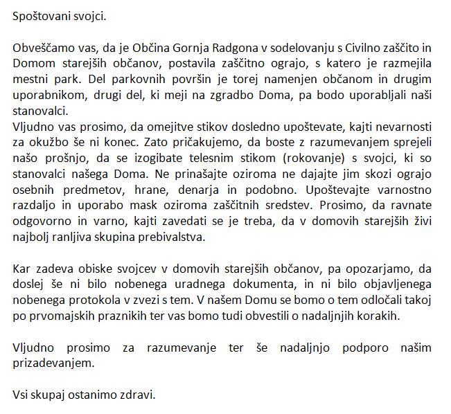 Obvestilo za javnost in svojce